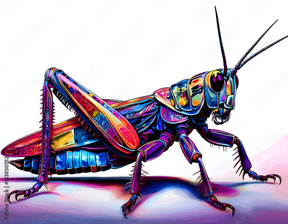 Poster vivid grasshopper illustration with bold colors and abstract patterns