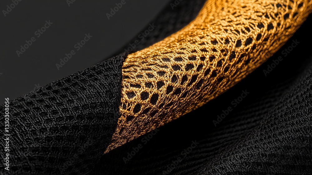 Poster fabric sample showing a textured weave of black and golden threads is presented in a dark setting wi