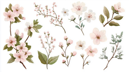 Fototapeta premium Illustration, set of Springtime Florals, floral clip art blooming flowers, budding branches, and fresh foliage, renewal and the arrival of spring during the Easter season, isolated transparent backgro
