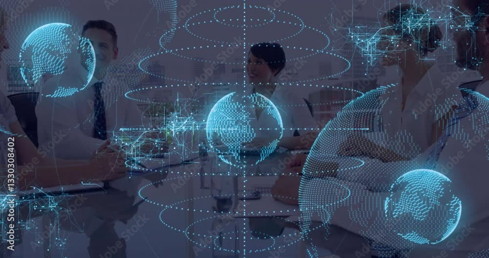 Aufkleber digital globe and network animation over diverse business team in school meeting
