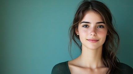 Fototapeta premium Attractive Young Woman with Friendly Smile Against Green Background