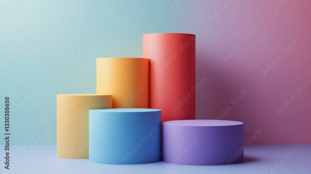 Poster Colorful cylinders creating a staircase effect on gradient background