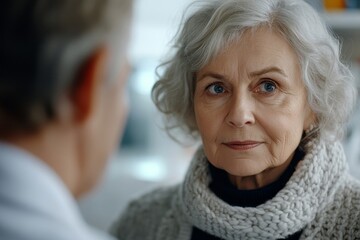 an elderly woman looks concerned while facing another person