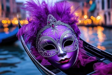 Fototapete Rund Purple venetian carnival mask resting on gondola in venice, italy at twilight © Lubos Chlubny