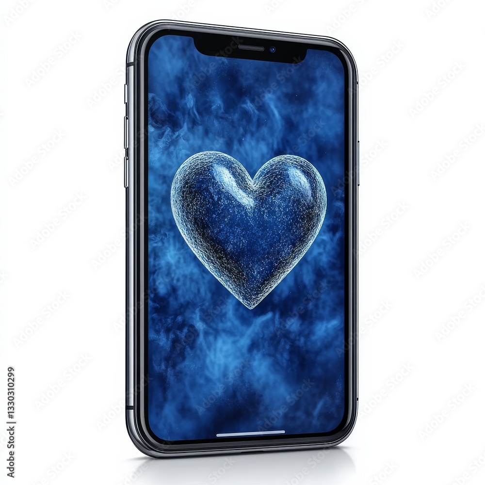 Poster smartphone displaying a heart-shaped image with a blue cloud background, a symbol of love and techno