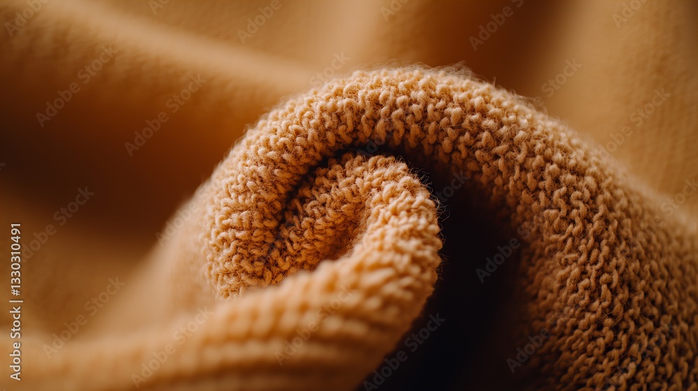 Poster fleece material curls tightly exhibiting a dense looped texture in a warm tan color under diffused l