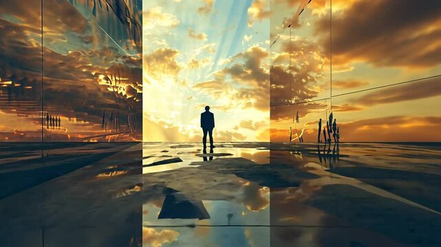 Person steht auf reflektierender Wasseroberfl&auml;che mit Sonnenuntergang