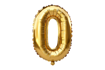 Number 0 made with gold foil balloon Isolated on White and Transparent Background PNG Image.