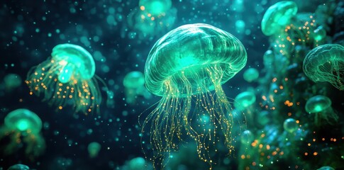 Naklejka premium Beautiful luminous jellyfish floating and illuminated in the deep ocean water
