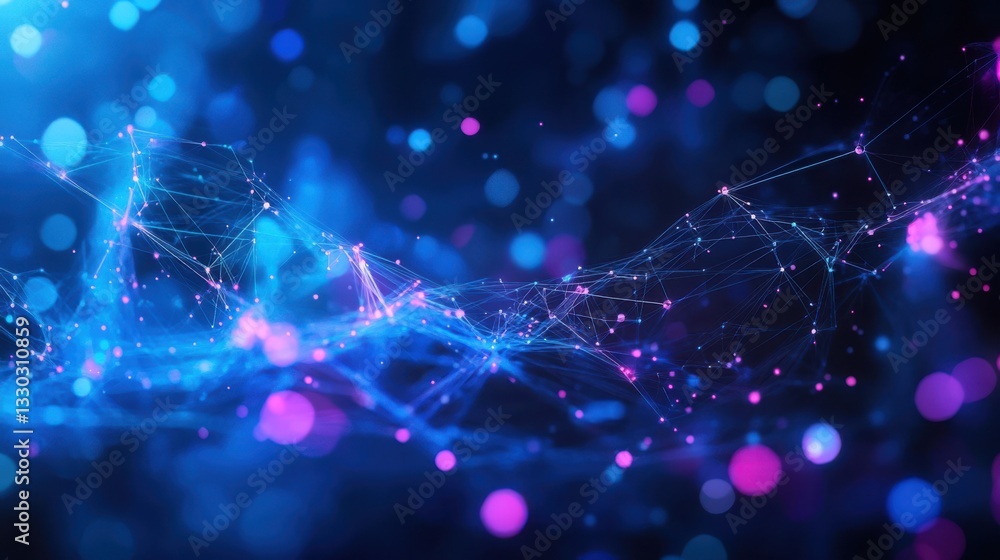 Fototapete futuristic abstract background with glowing blue and purple data streams, interconnected digital nodes, complex cybernetic structures, soft bokeh light creating a high-tech atmosphere with dynamic