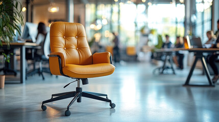 Fototapeta premium Comfortable yellow office chair standing in modern coworking space
