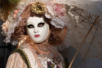Elegant Venetian Carnival Mask with Lace parasol and Flowers