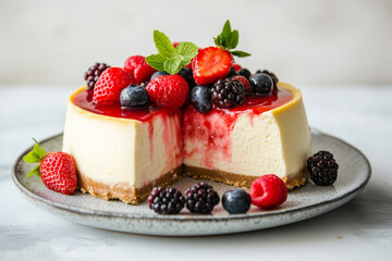 Creamy cheesecake topped with fresh berries and drizzled with berry sauce. A mouthwatering dessert for caf&eacute;s, bakeries, and gourmet food lovers