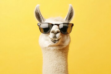 Portrait of beautiful llama with sunglasses on yellow background