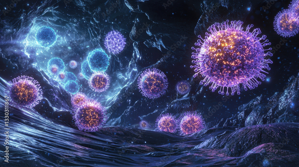 Poster visualization of immune cells secreting interferon in a microscopic environment