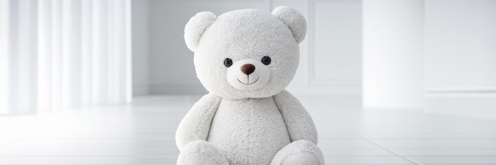 Fototapeta premium A white bear sitting gracefully on a snow-white background. The room in the background is immaculately decorated in a minimalist style. A banner with a place to copy it.