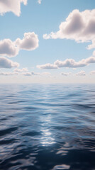 Obraz premium Sunlight reflecting on a calm ocean, creating gentle waves beneath a blue sky dotted with fluffy white clouds, evokes tranquility and peace
