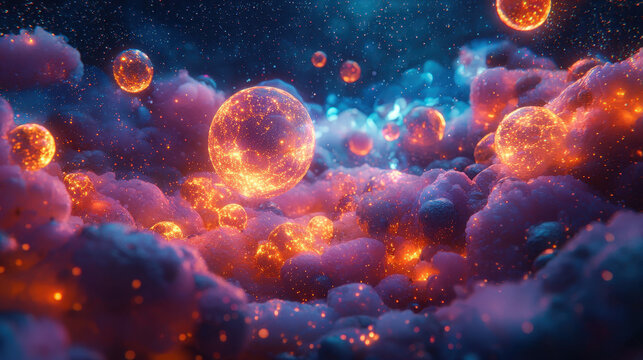 Immune cells releasing glowing interferon in a vivid microscopic environment