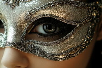 Intricate silver mask highlighting an enigmatic eye at a masquerade party in a festive setting
