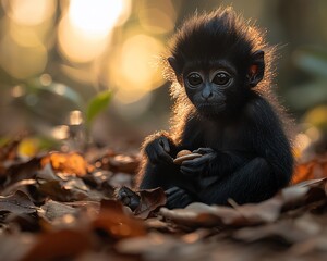 Obraz premium Adorable baby monkey eating in forest at sunset.