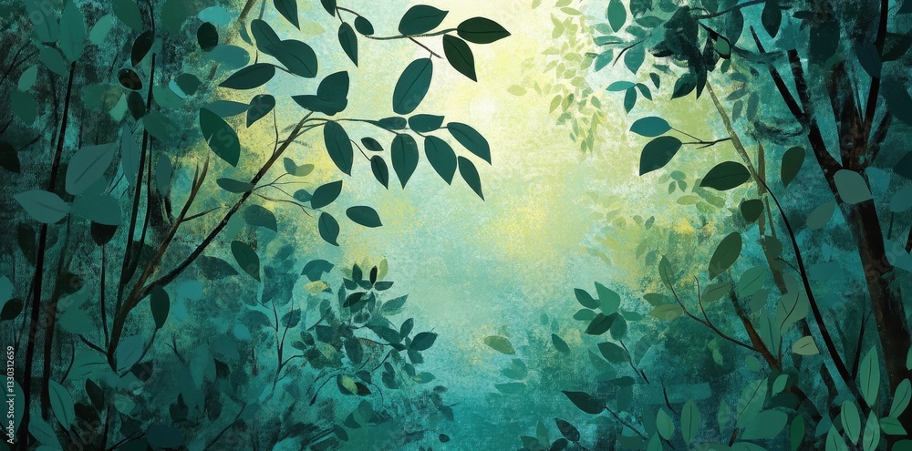 Poster an artistic rendering of trees and leaves with sunlight filtering