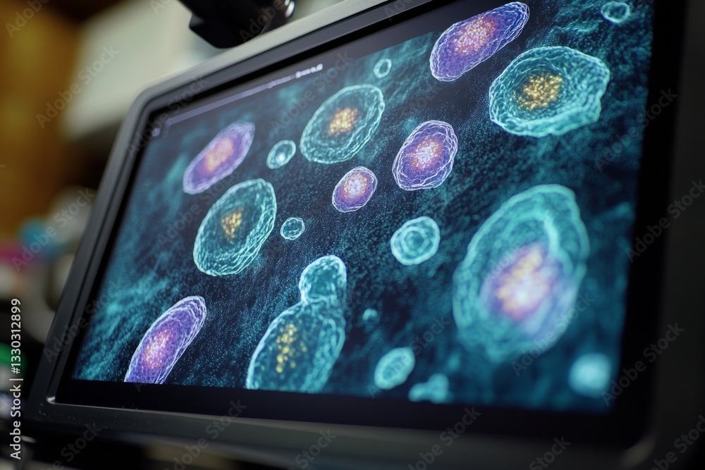 Poster detailed view of various colorful cell structures shown on a digital microscope screen, revealing in