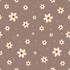 Seamless pattern with beige flowers and geometric shapes on a brown background