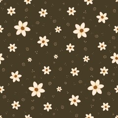 Seamless pattern with beige flowers and geometric shapes on a dark background