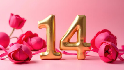 flowers, large three-dimensional gold numerals "14", pink ribbons, on a pastel pink background, bokeh, perfect composition 