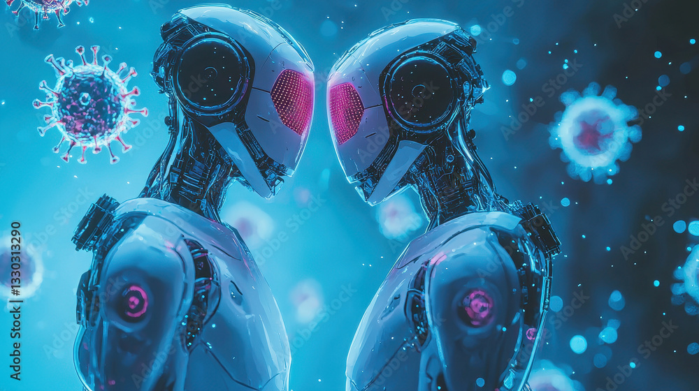 Poster advanced robots utilize plasma beams to eliminate viruses in a futuristic biotech environment