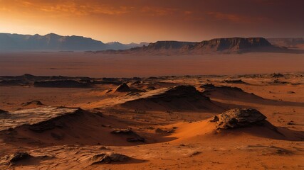 Fototapeta premium A fantastic Martian landscape – red sands and jagged rocks under a deep orange sky. The rover leaves traces on the surface, exploring unknown horizons. Distant mountains create a majestic backdrop.
