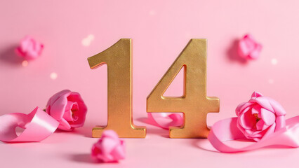 flowers, large three-dimensional gold numerals "14", pink ribbons, on a pastel pink background, bokeh, perfect composition 