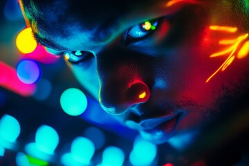 A DJ remains deeply concentrated on the music, with colorful lights illuminating his face. The energy is palpable as he engages the crowd in a nocturnal event