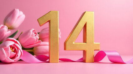 flowers, large three-dimensional gold numerals "14", pink ribbons, on a pastel pink background, bokeh, perfect composition 