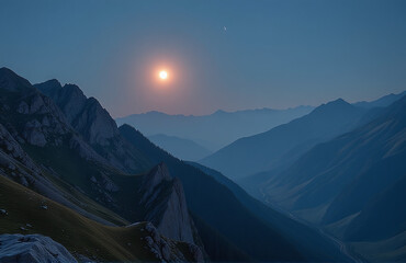 Obraz premium The Gentle Glow Of The Moon Illuminated The Rugged Mountainscape, Casting A Serene Ambiance Across The Rolling Hills Below Slowly.