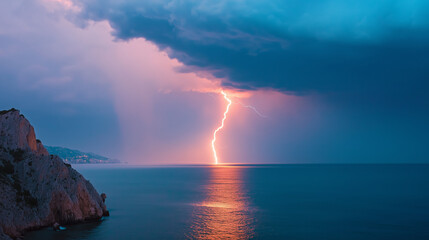 Dramatic orange lightning strike over teal ocean against stormy sky