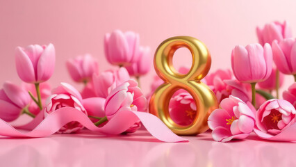 flowers, large three-dimensional gold numerals "8", pink ribbons, on a pastel pink background, bokeh, perfect composition 