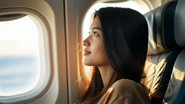 Frau genie&szlig;t den Blick aus dem Flugzeugfenster