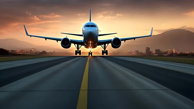 Flugzeug auf Startbahn bei Sonnenuntergang