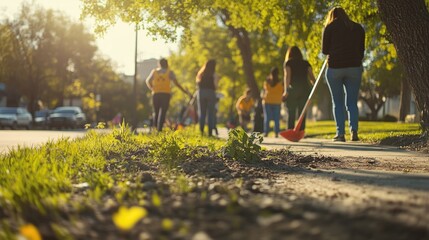 A dynamic shot of a community volunteer event, with individuals working together to clean up a park area