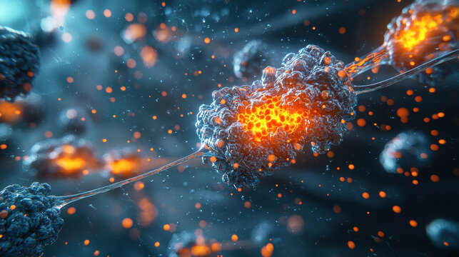 Close-up view of interferon release and immune cells interacting with bioluminescent proteins