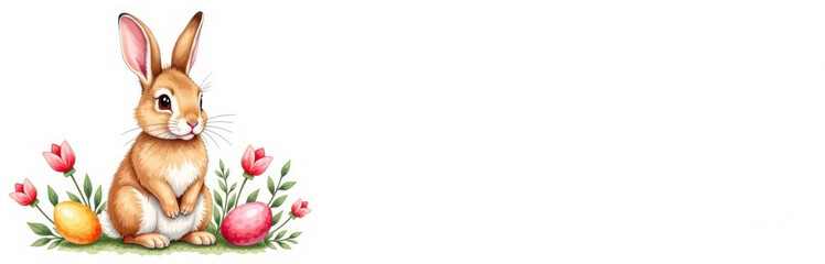 Fototapeta premium Banner aquarel colour eggs and rabbit with free space, pastel colours. Easter concept 