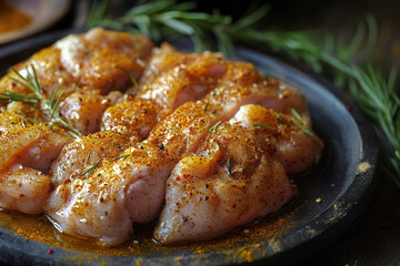 marinated raw chicken meat with spices and soy sauce. raw Chicken fillet for baking. marinating chicken meat, fillet in spices. preparation, recipe