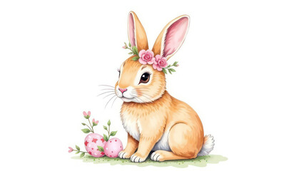 Obraz premium floral easter rabbit watercolor drawing on white background 