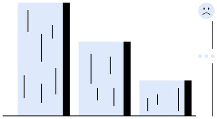Vertical bar chart descending left to right with a sad face icon at the side. Ideal for financial decline, performance drop, business loss, challenges, failure, dissatisfaction, flat simple metaphor