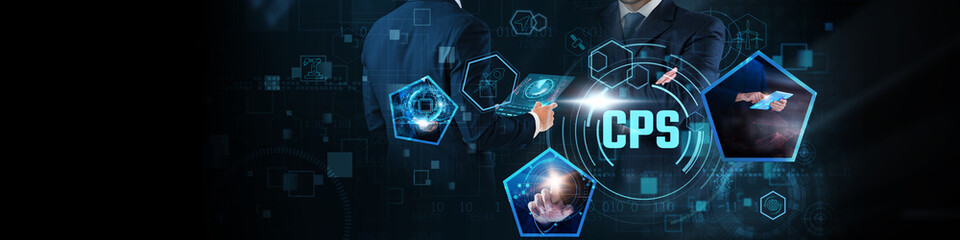 CPS Concept: Automation, integration, real-time data, system optimization, predictive analytics, digital transformation, and connectivity on global business network.