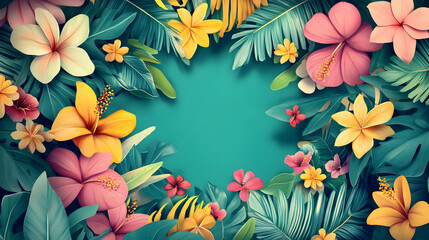 Fototapeta premium Aloha party tropical theme greeting card design featuring hand-lettered typography surrounded by lush Hawaiian flowers and leaves for a vibrant island celebration