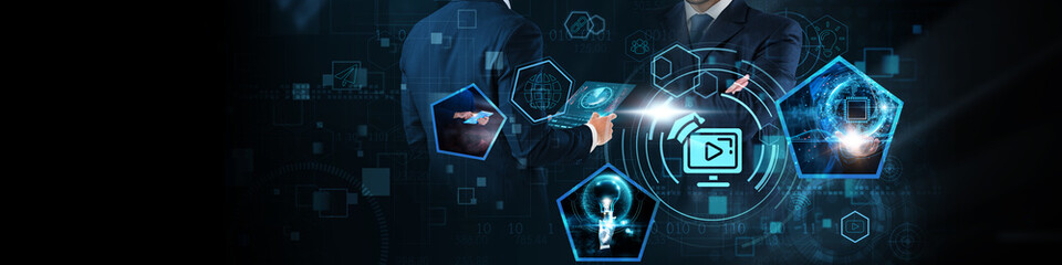 E-learning concept: Online courses, interactive training, digital classrooms, remote education, knowledge sharing, virtual collaboration, and skill development on global business network.