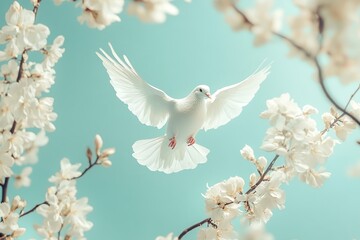 White dove flying above tree branch
