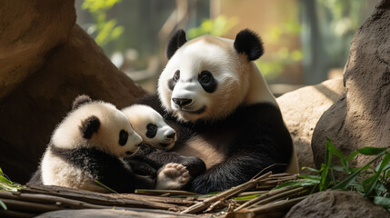 Obraz premium Panda sits with her babies in zoo